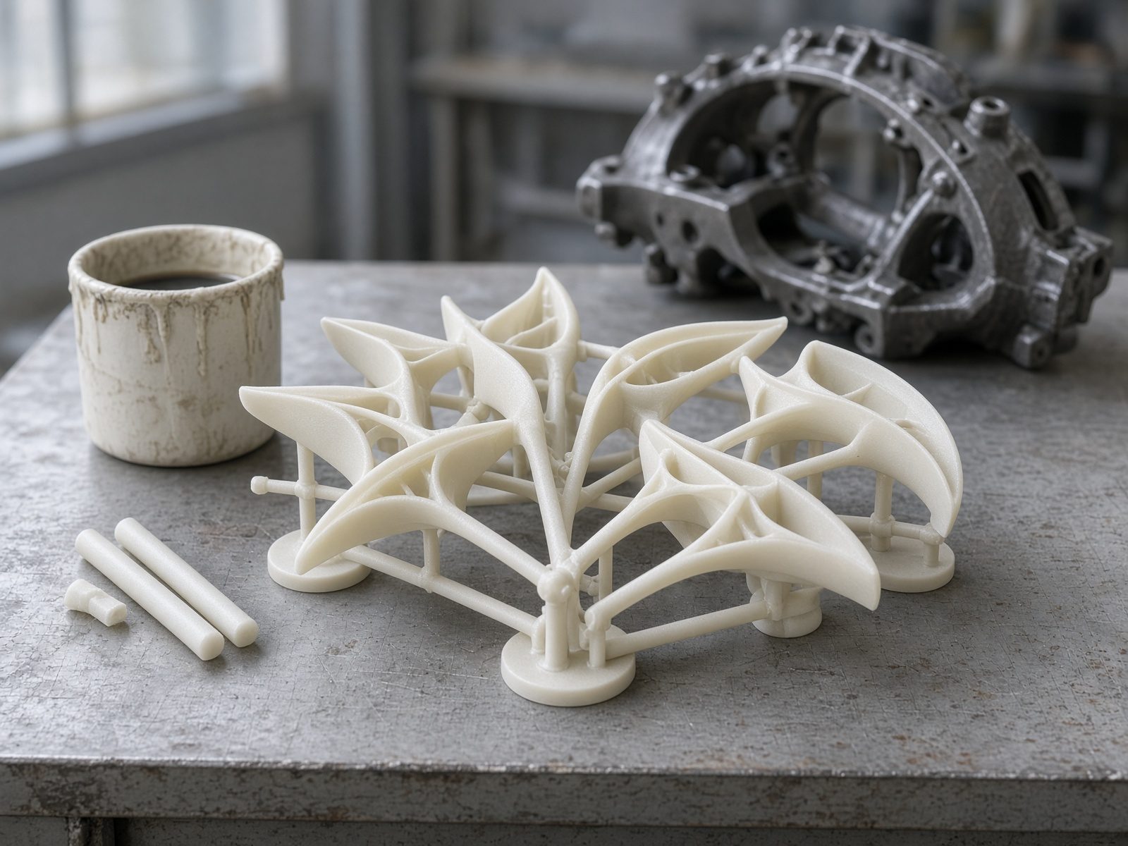 3D-printed wax-like investment casting patterns on a gating tree, with a finished aerospace metal casting