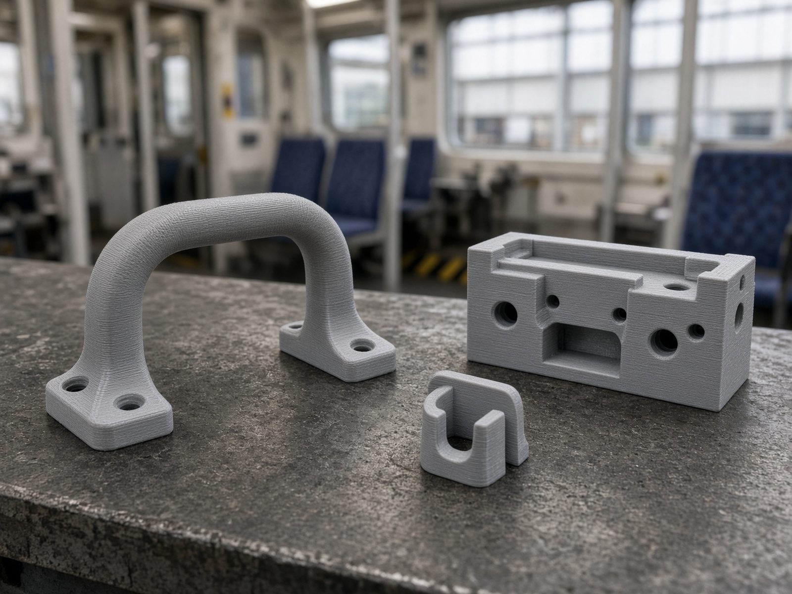 Rail interior polymer grab handle and fixture jig
